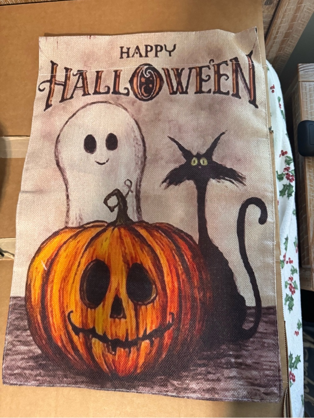 Halloween Pumpkin, Ghost & Cat Party garden Flag - Orange, Black, Cream